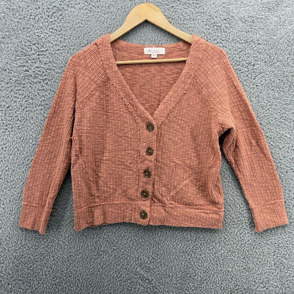 Two By Vince Camuto Cardigan Sweater S Small Terra Cotta Orange V Neck Slub Knit